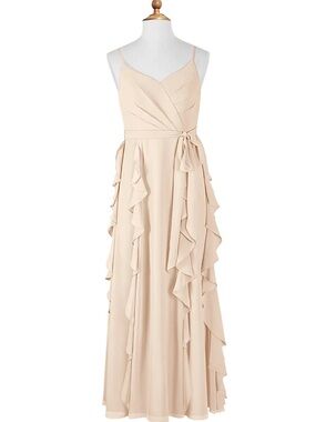 Azazie Peyton Junior Alabaster A-Line V-Neck Cascading Ruffles Cream Dress